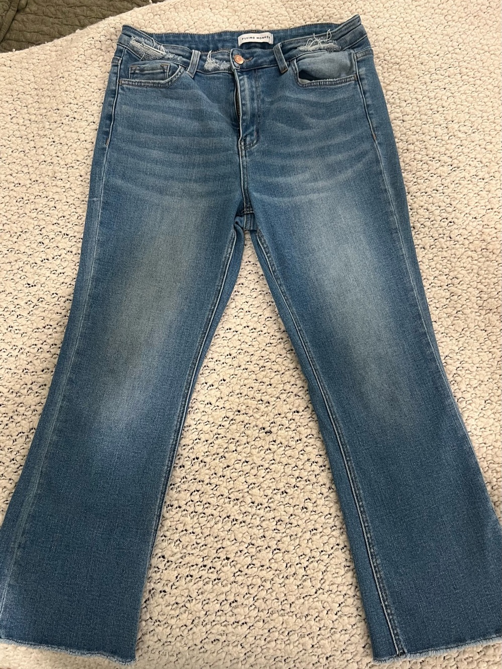 Flying Monkey High Rise Crop Flare Distressed Jeans F4191 Medium Wash Size (30)